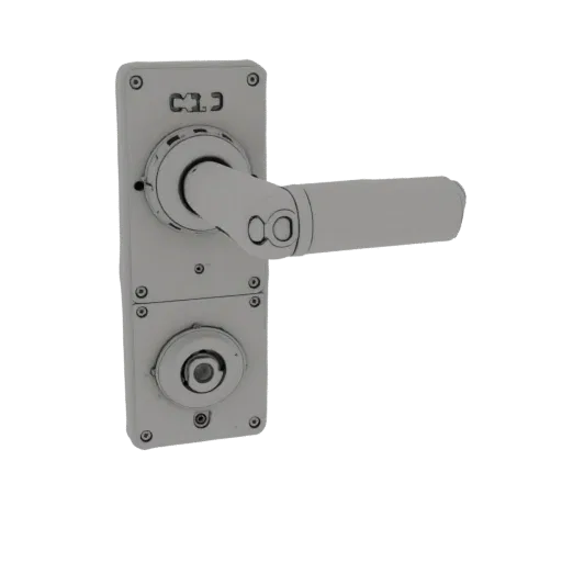 3D model of a door handle with cylinder lock, side view showing the grip and lock mechanism