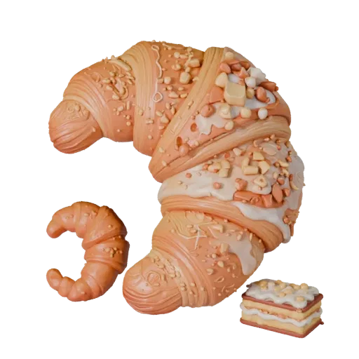 Croissant STL print ready 3D model, turntable hero render, showing dessert proportion and finish under studio key light.
