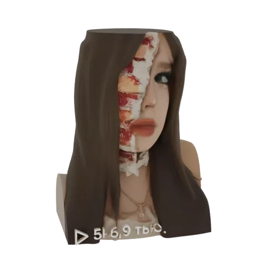 3D model of a woman with a horrifying half-face, showing exposed flesh and bone on one side.