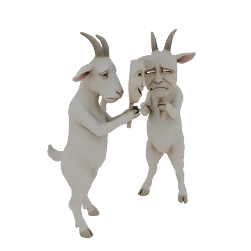 3D model of a sad white goat holding a smiling theatrical mask, with a black background.