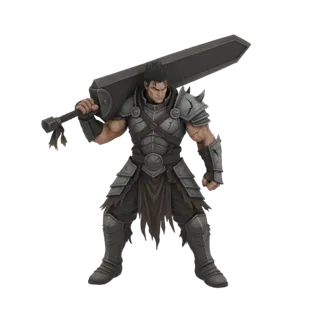 A 3D model of a muscular, Guts-inspired berserker warrior in heavy, cracked armor, holding a massive black sword over his sho