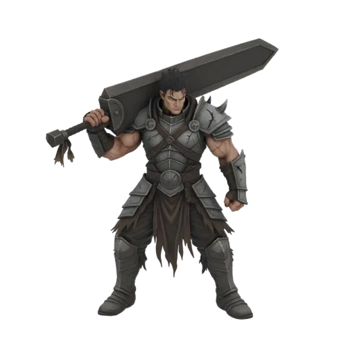 A 3D model of a muscular, Guts-inspired berserker warrior in heavy, cracked armor, holding a massive black sword over his sho