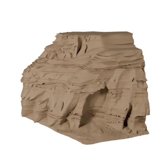 Desert Mesa Cliff High Poly 3D model, close-up cinematic environment render, showing stratified stone, dune ridges.
