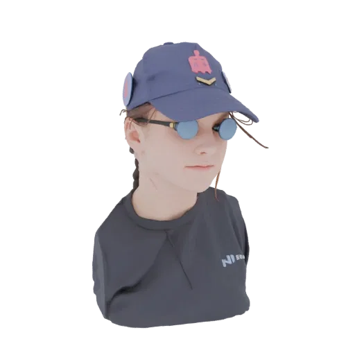 3D-Modell eines anime-inspirierten Mädchens mit blauer Baseballkappe und runder blauer Sonnenbrille, mit geflochtenem Haar.