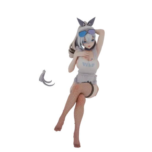 3D model of an anime girl with white hair, bunny ears, blue goggles, wearing a white top and fishnet stockings, striking a po