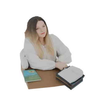 3D-Modell einer jungen Frau mit blonden Ombré-Haaren, die eine weiße Bluse trägt und an einem Schreibtisch mit einem offenen