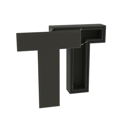 3D model of a dark gray T-shaped box with an open cavity in the vertical stem, presented on a white background.
