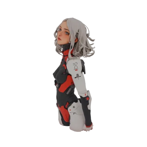 3D model of a cyberpunk female warrior bust with silver hair and red and white futuristic armor, looking slightly to the side