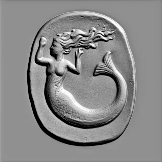 3D model of a mermaid bas-relief with flowing hair and tail, in a classic relief style.