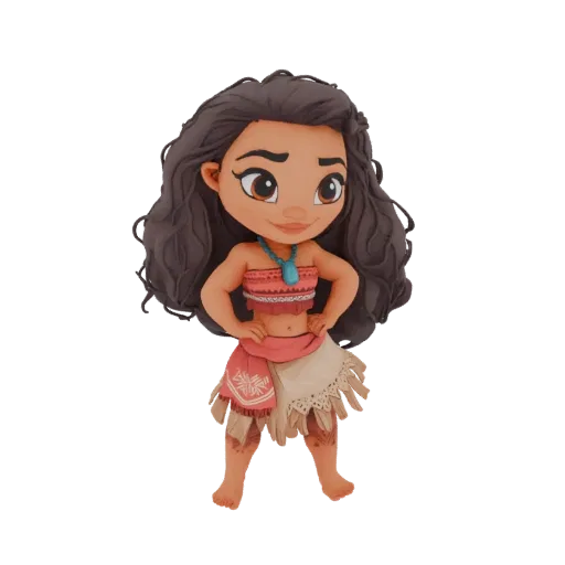 Modelo 3D de Chibi Moana con cabello oscuro y ondulado, vistiendo un top rosa y falda superpuesta, manos en las caderas, con