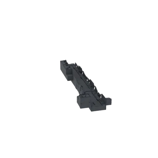 3D model of a dark gray, modular electronic component block with intricate details and interconnected sections, set against a