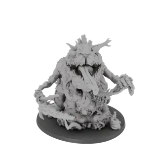 3D model of a grotesque fungal abomination with a twisted body, gaping mouth, and long tongue, standing on a circular base.