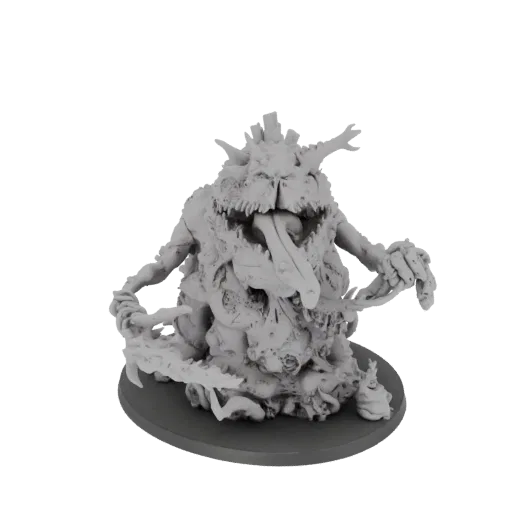 3D model of a grotesque fungal abomination with a twisted body, gaping mouth, and long tongue, standing on a circular base.