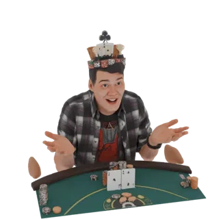 3D-Modell eines aufgeregten Mannes mit Krone aus Spielkarten und Chips, sitzend hinter einem Pokertisch.