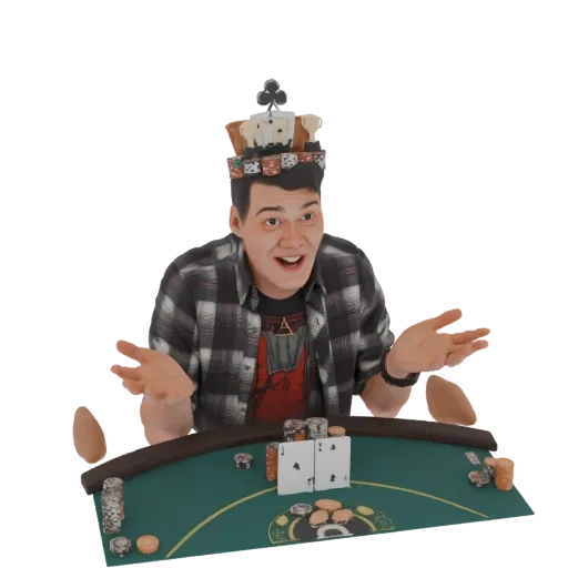 3D model of an excited man wearing a crown made of playing cards and poker chips, sitting behind a poker table.