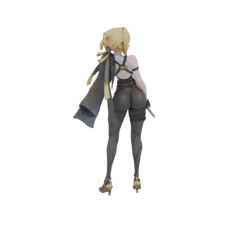 3D-Modell einer Anime-Assassine mit blonden Haaren, in dunklem Outfit und goldenen Absätzen, die einen Dolch hält.