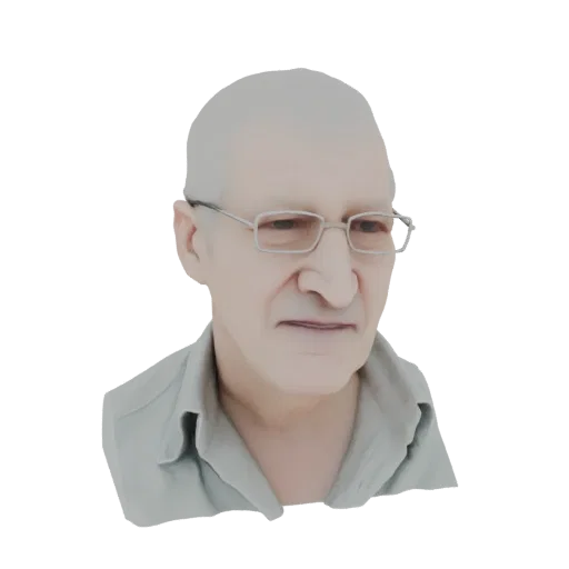 3D model render of an elderly man with light gray hair, wearing glasses and a light blue collared shirt, against a white background.