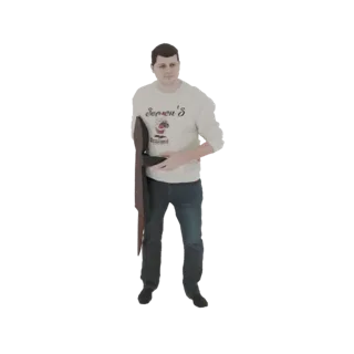 Modelo 3D de un hombre con camisa blanca y jeans, de pie sosteniendo una tabla de madera grande.