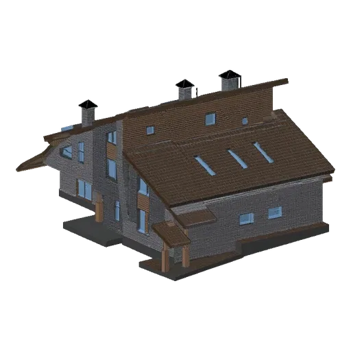 3D model of a modern chalet with stone and wood exterior, featuring a pitched roof and large windows, set against a black bac