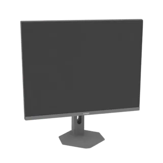 A 3D model of a modern, slim-bezel computer monitor with a dark screen and a gray stand, set against a black background.