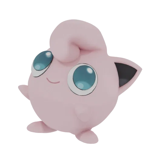 A 3D render of the Pokémon Jigglypuff, depicted as a cute, round, pink creature with large blue eyes and a swirl of hair on i