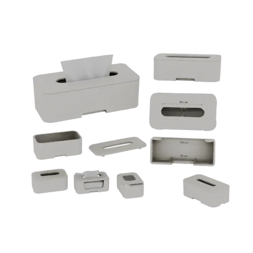3D model of a modern, minimalist rectangular tissue box holder with a cutout base, shown from multiple angles.