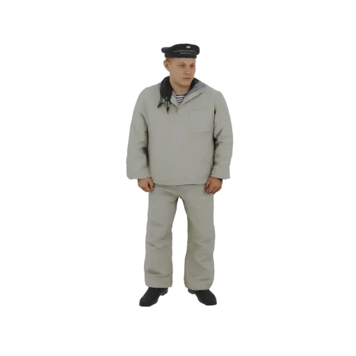 3D model of a man wearing a classic sailor uniform, including a cap, striped shirt, jacket, and trousers.
