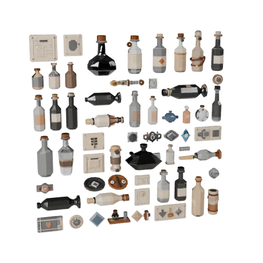 Workshop Bottle Group Low Poly 3D model, game viewport three-quarter view, showing paper-like cards, form detail.