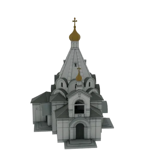 3D model of an Orthodox church with white walls and golden domes, viewed from a slightly elevated front angle against a black