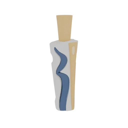 3D render of an abstract perfume bottle with a white body, blue wave accent, and gold cap and side panel.