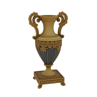 3D model of an ornate classical urn with gold handles, a dark grey body, and a decorative gold pedestal, set against a white