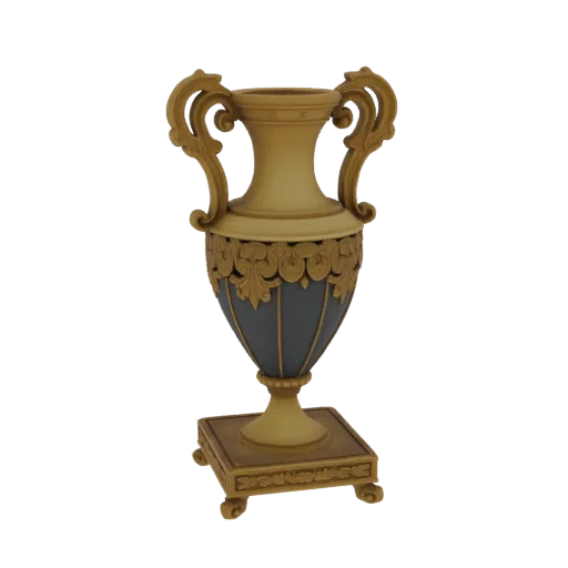 Modelo 3D de una urna clásica ornamentada con asas doradas, cuerpo gris oscuro y pedestal dorado decorativo, sobre un fondo b