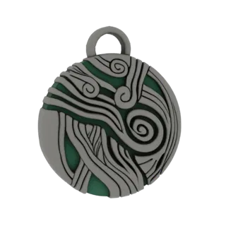 3D model of a circular pendant with a grey swirling wave design and a green gemstone center, featuring a top bail.