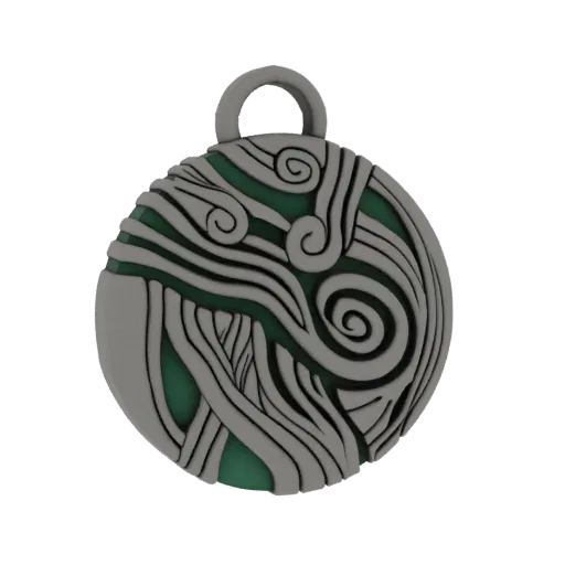 3D model of a circular pendant with a grey swirling wave design and a green gemstone center, featuring a top bail.