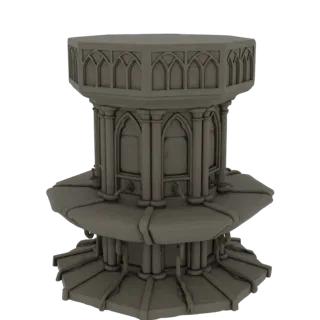 3D model of a gothic octagonal fountain with ornate pillars and arched details, rendered in a neutral grey material.