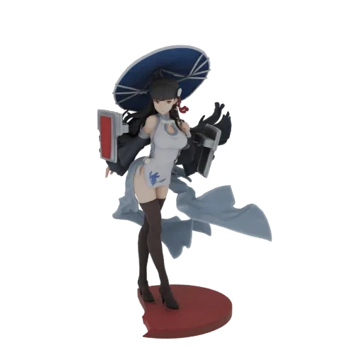 3D model of an elegant anime figure with a blue parasol, white dress, and red accents, posed dynamically on a red base.