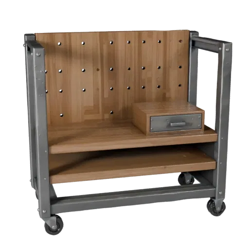 Garage Parts Rack Low Poly 3D model, game viewport three-quarter view, showing steel frames, stable fixtures.