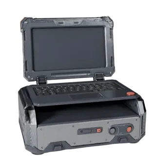Modello 3D Modulare Workstation Portatile Robusta, vista isometrica del kit modulare, che mostra metallo spazzolato, angolo d