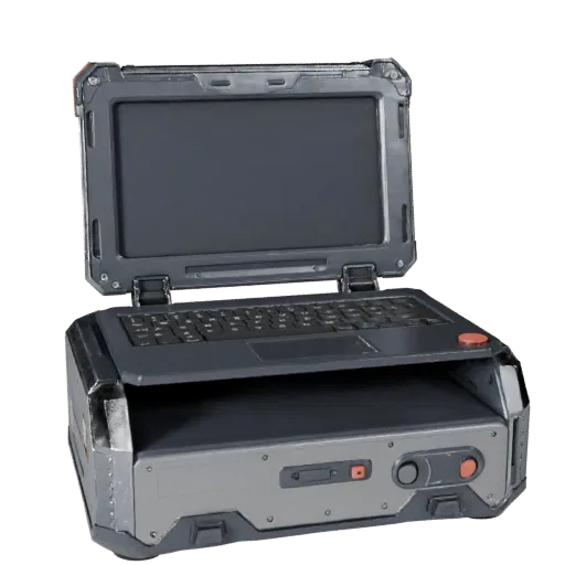 Rugged Portable Workstation Modular 3D model, isometric modular kit view, showing brushed metal, open lid angle.