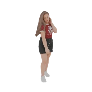 3D model of a young woman with long brown hair, wearing a red Kappa t-shirt and a black skirt, standing with one hand near he