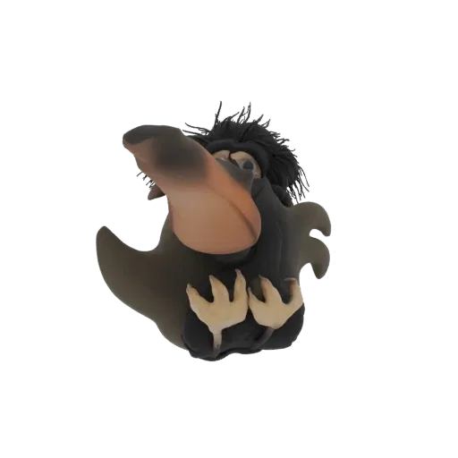 3D render of a cartoon bird character with a large beak, shaggy black hair, and grey feathers, sitting with its feet visible.