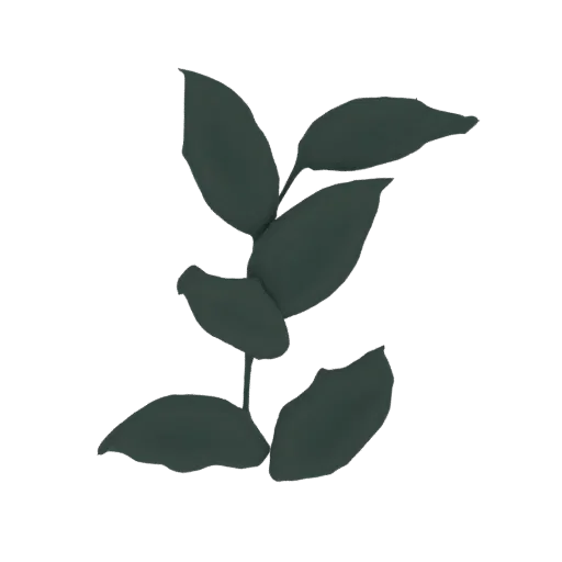 3D model render of a dark green leafy branch with multiple leaves on a white background.