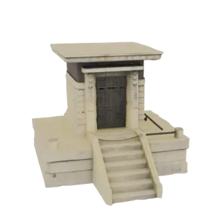 3D model of an ancient stone mausoleum entrance with weathered stone blocks, carved pillars, and ascending steps.