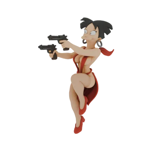 3D model of a femme fatale in a red dress, holding two pistols in a dynamic action pose, with dark hair and large hoop earrin