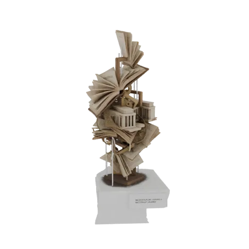 3D model of an abstract sculpture with open books and classical architectural elements stacked dynamically.