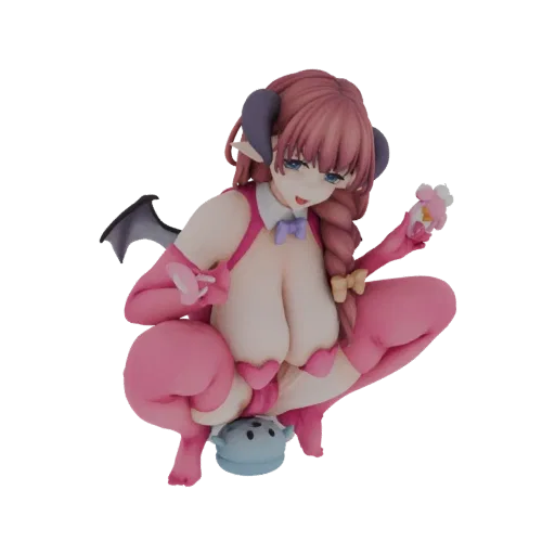 3D model of a pink succubus demoness with purple horns, grey wings, and a playful pose, holding a pink item.