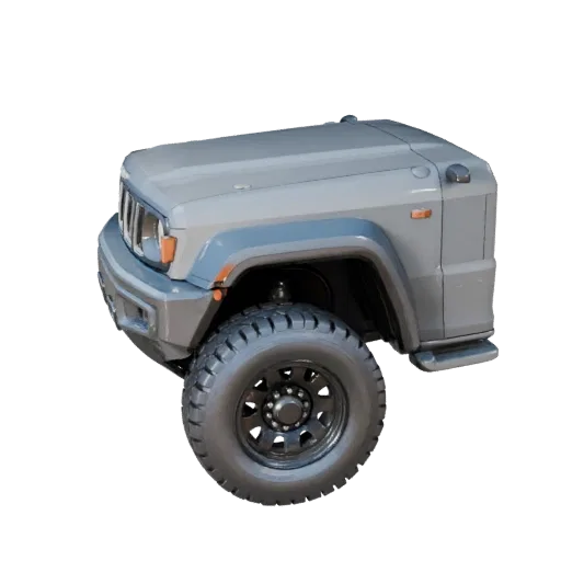 Modello 3D SUV stile Jeep High Poly, vista studio ravvicinata, asset veicolo high-poly con altezza da terra rialzata, volume