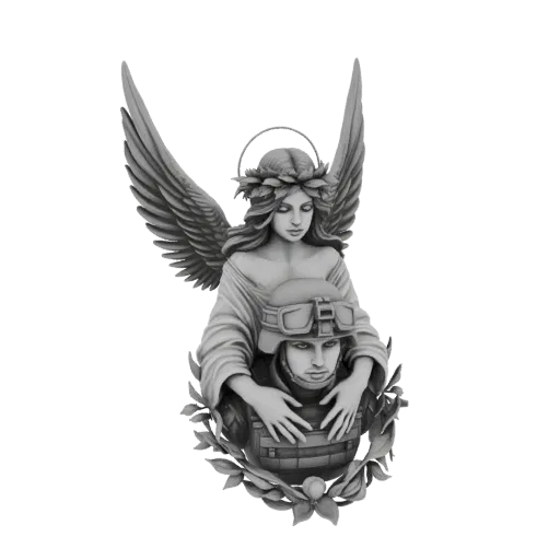 3D model of a grayscale angel with wings and a laurel wreath, embracing a soldier in tactical gear, surrounded by a floral wr