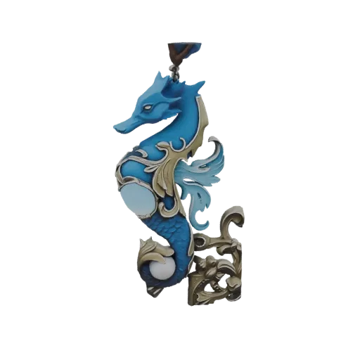 3D model render of a blue seahorse pendant with gold accents and glowing orbs, suitable for 3D printing and games.