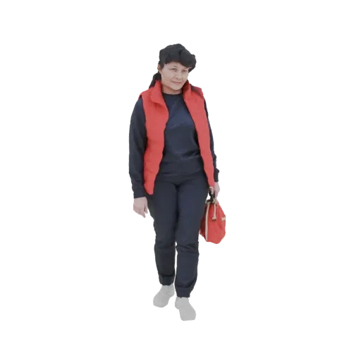 3D model of a woman walking, wearing a red vest over a blue tracksuit and carrying a red bag.